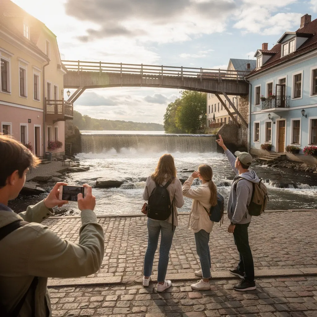 A scenic view of a winding road through the lush forests of Latvia during a sunny day.
