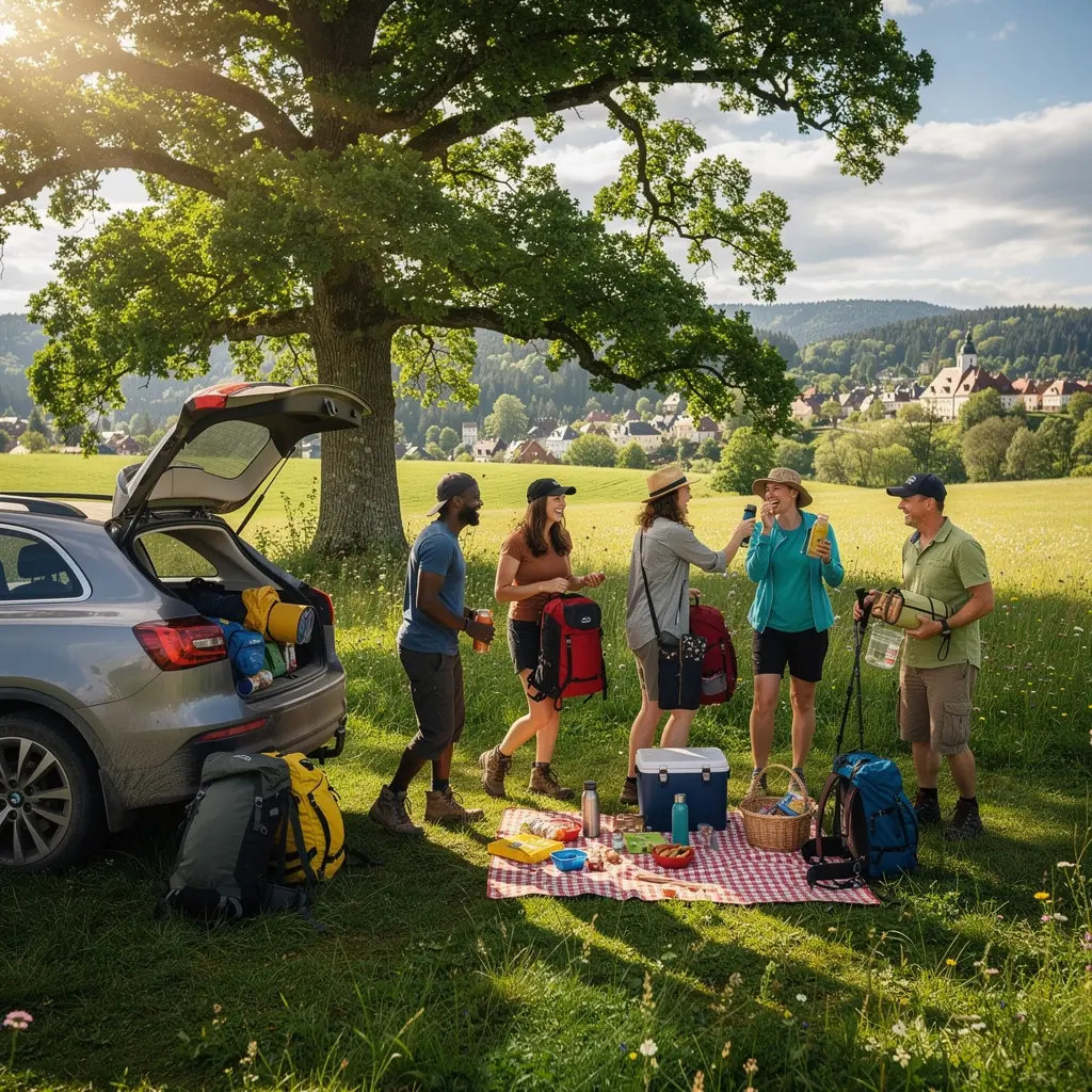 A rental vehicle parked near a historical landmark, showcasing Latvia's rich cultural heritage.