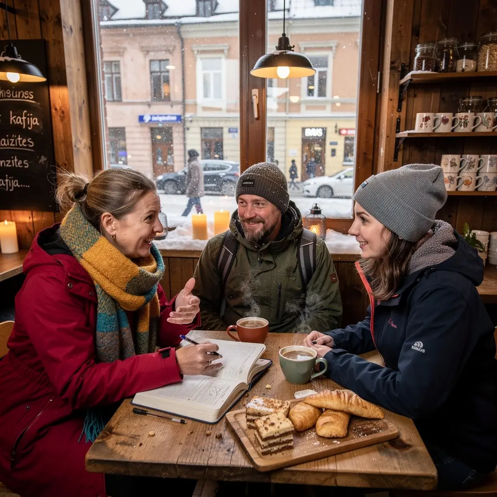 Tourists exploring a charming Latvian town, with colorful buildings and cobblestone streets.